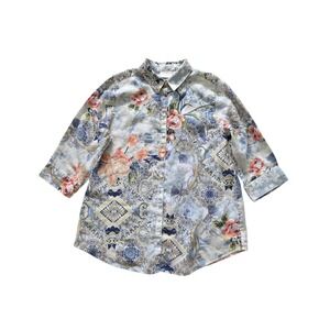 Chico's 100% Linen no-iron 3/4 Sleeve Collared Floral Paisley Buttoned Shirt M